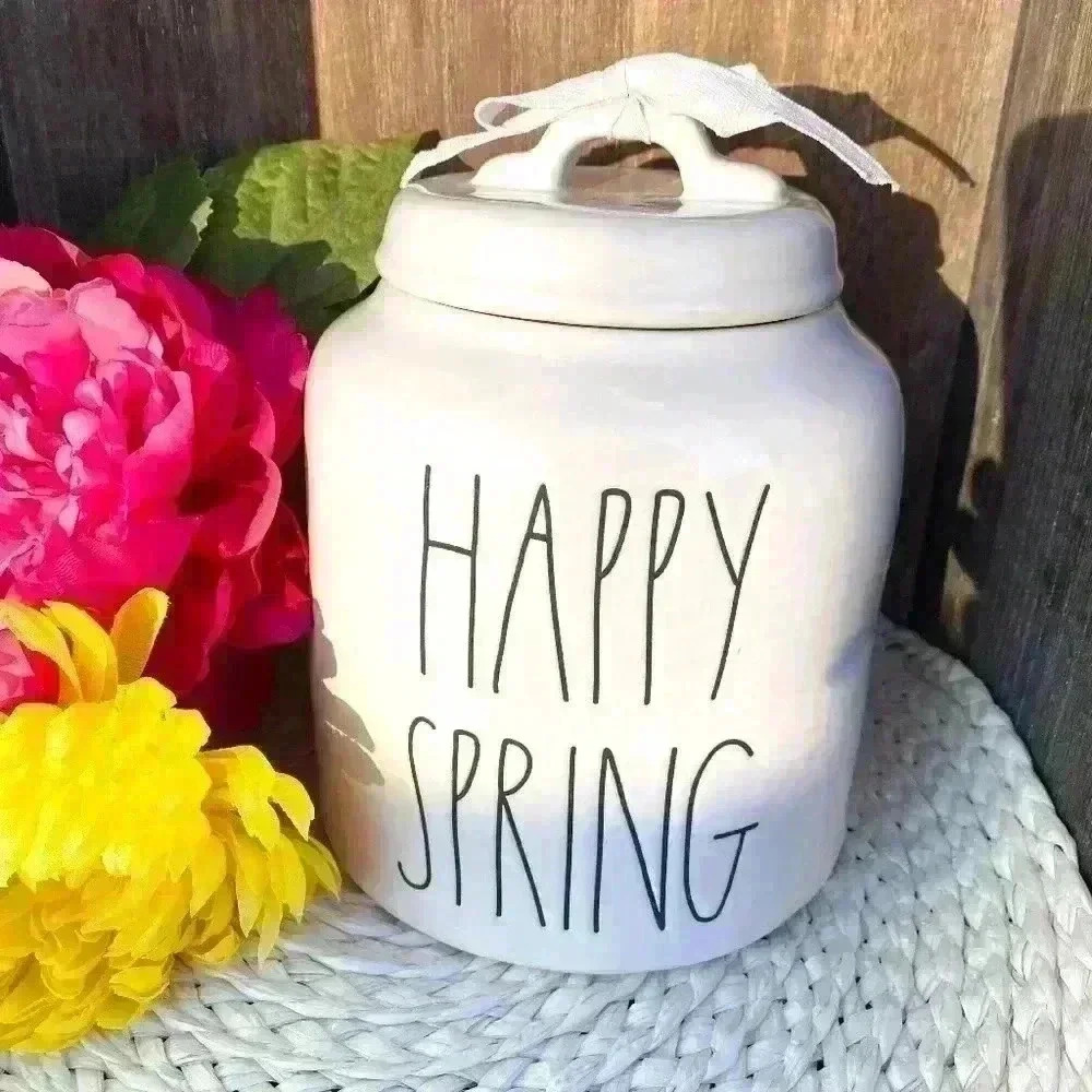 NEW Rae Dunn - HAPPY SPRING - Cute Large Ceramic Canister/Jar with lid
